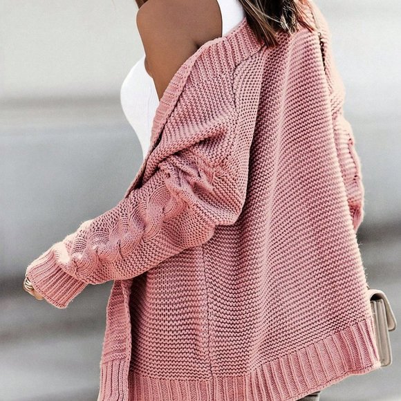 Pink Casual Womens Drop Shoulder Open Front Cable Knit Cardigan - Picture 2 of 5